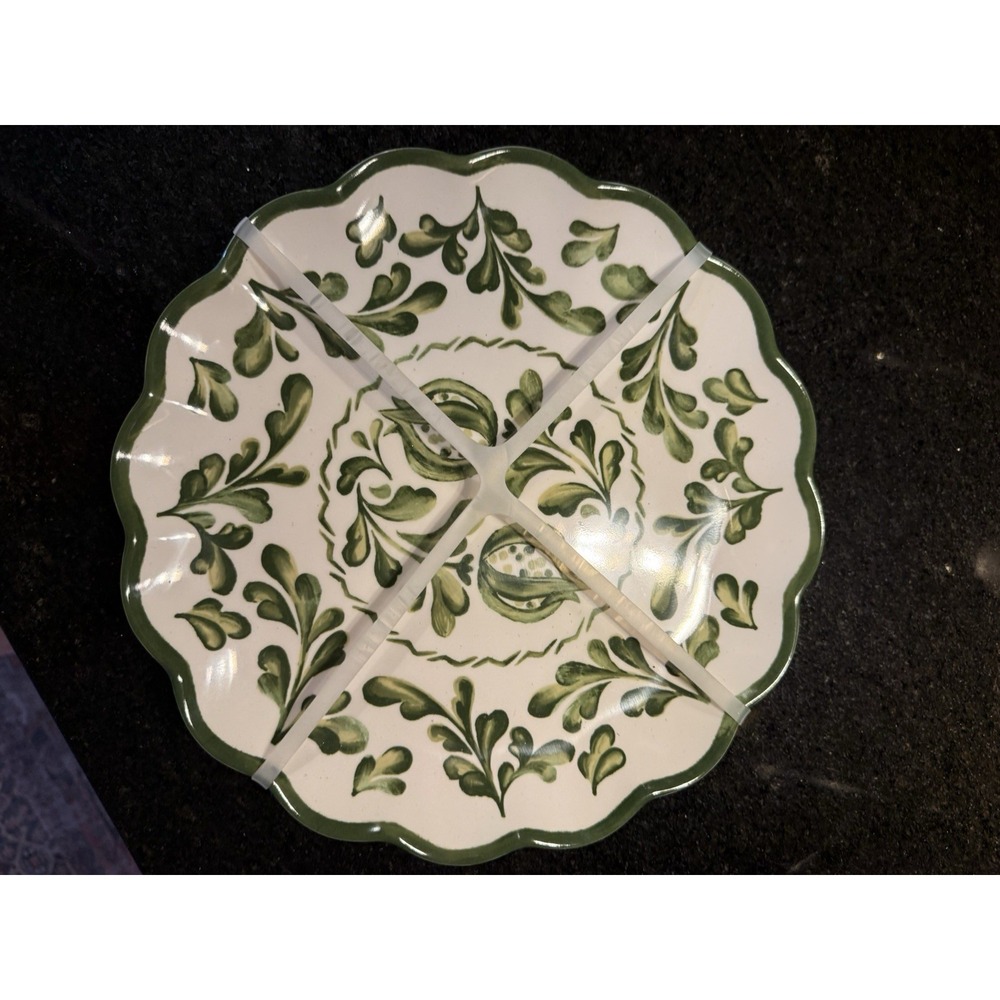 Set 4 11" Melamine Dinner Plates Green Scallop Botanical Cottage Shabby Chic NEW
